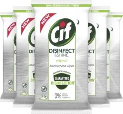 Cif Disinfect & Shine Wipes Doden 99,99% Van De Bacteriën Original Desinfecterende Schoonmaakdoekjes, Van 100% Biologisch Afbreekbaar Textiel 5 X 75 Doekjes -Reinigingsproducten 1200x1111
