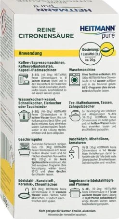 HEITMANN Pure Ontkalker- Citroenzuur Ontkalker, Natuurvriendelijke Kalkreiniger Voor Een Hygiënische Reiniging - Poeder, 1x 350 G -Reinigingsproducten 654x1200